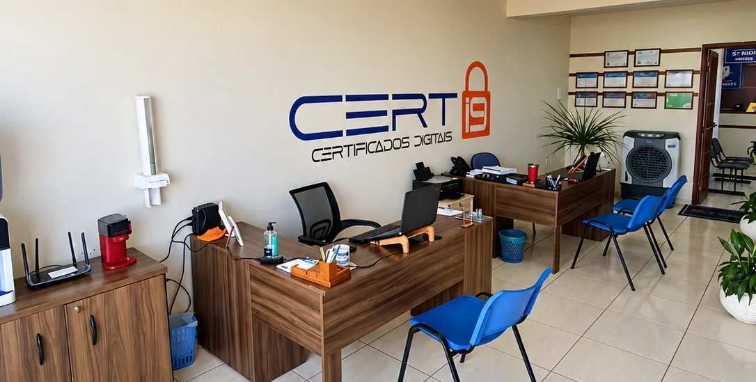 Área de atendimento da CERTi9, com mesas, computadores e o logotipo na parede