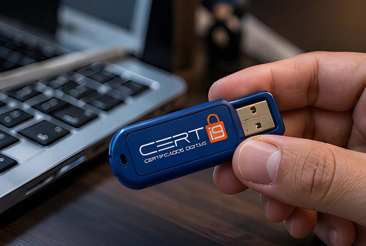 Token USB, a mídia em que o certificado A3 fica guardado, ao lado de um notebook
